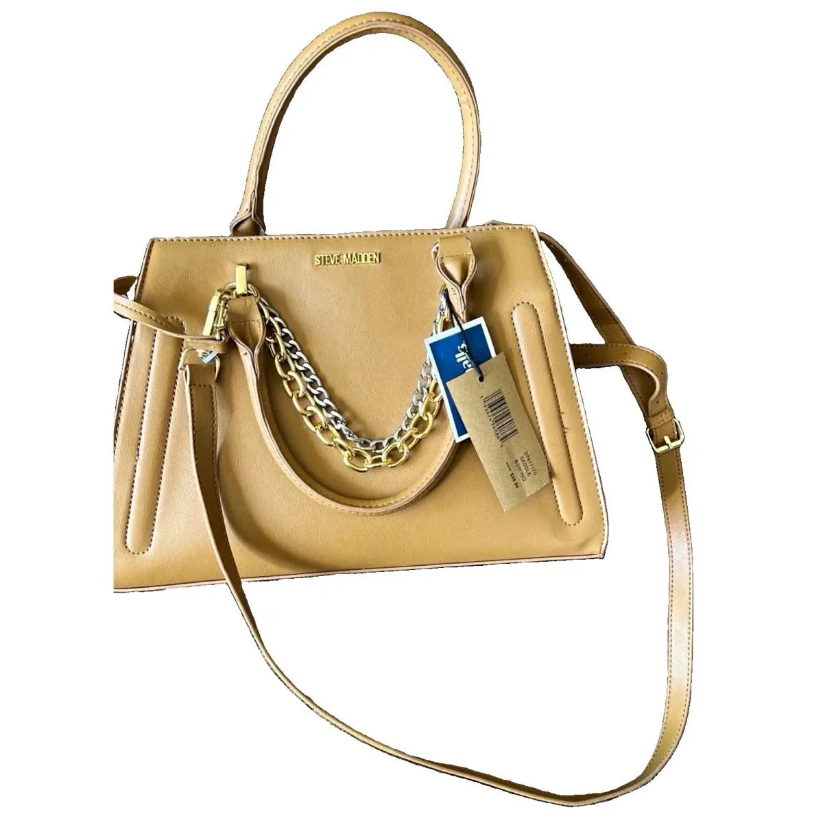 Steve Madden Bswing Tan Satchel Top Handle Bag Chain Strap Zip Detachable Strap