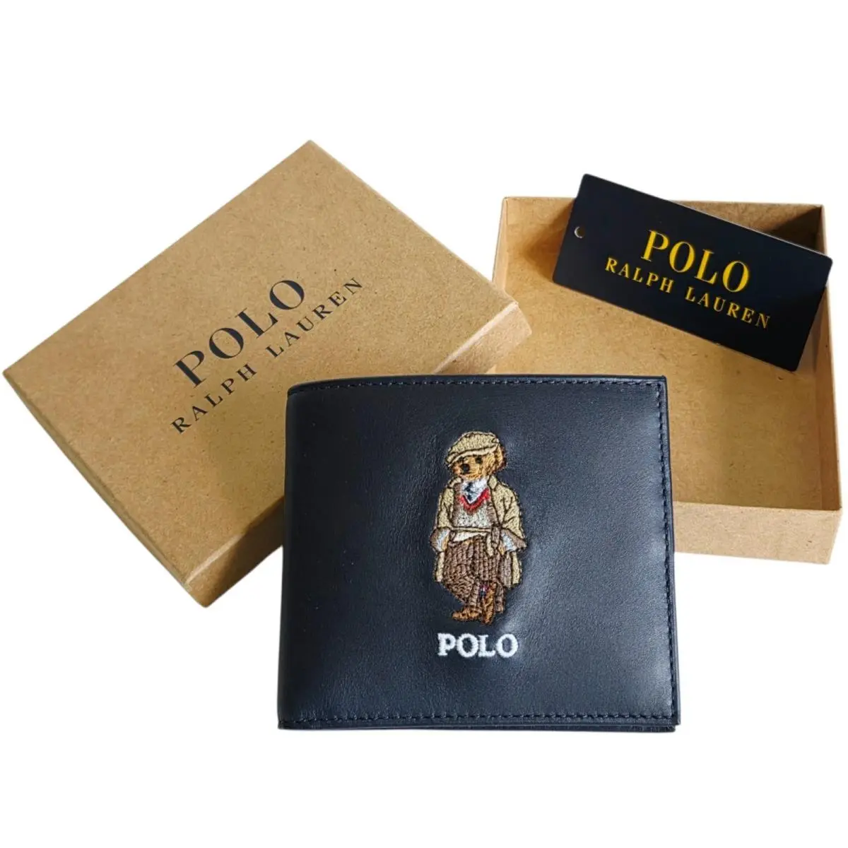 Polo Ralph Lauren Polo Bear Leather Billfold Wallet Navy Blue Gift Box