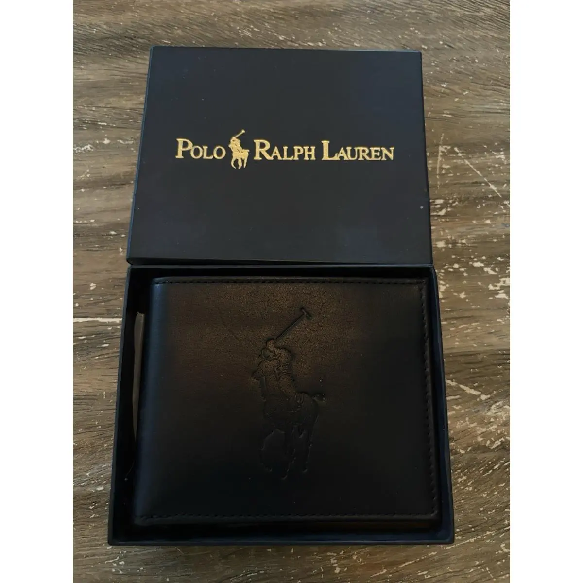 Ralph Lauren Big Pony Napa Leather Bifold Men Wallet Black Cut Up