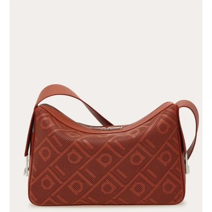 Ferragamo Perforated Gancini Leather Hobo Bag Terracotta Orange