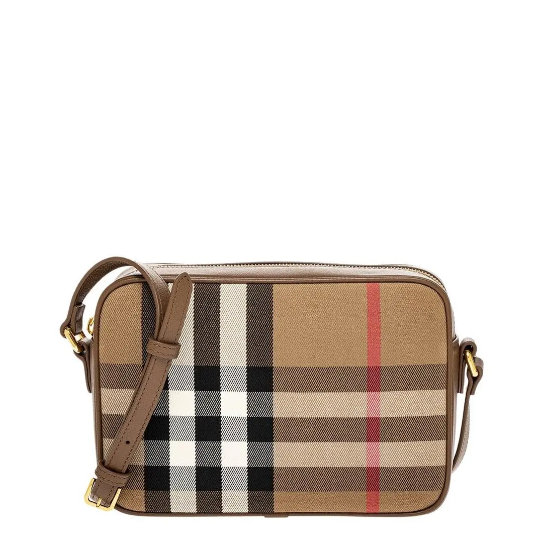Burberry Check Canvas Leather Shoulder Bag Women`s Brown