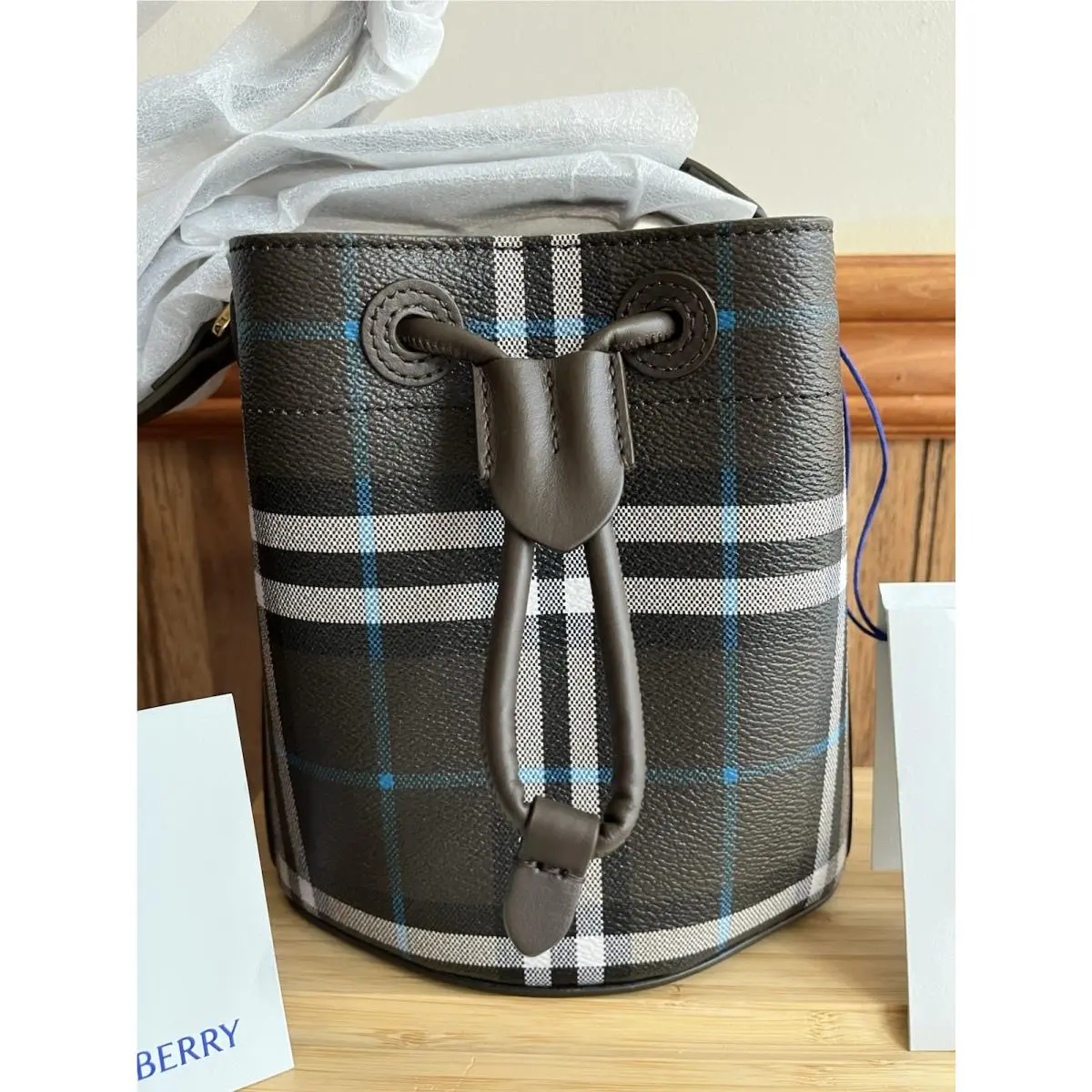 Burberry Mini Check Pattern Canvas Leather Bucket Bag Italy