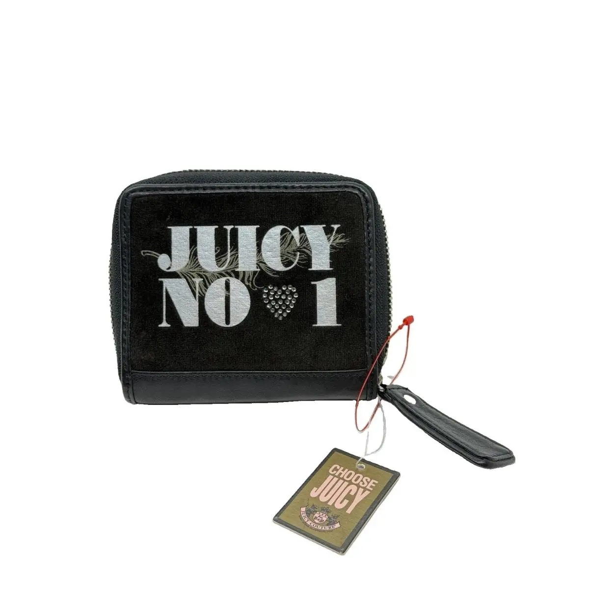 Juicy Couture 1 Black Velour Zip Around Wallet Wristlet J Leather Heart Patch