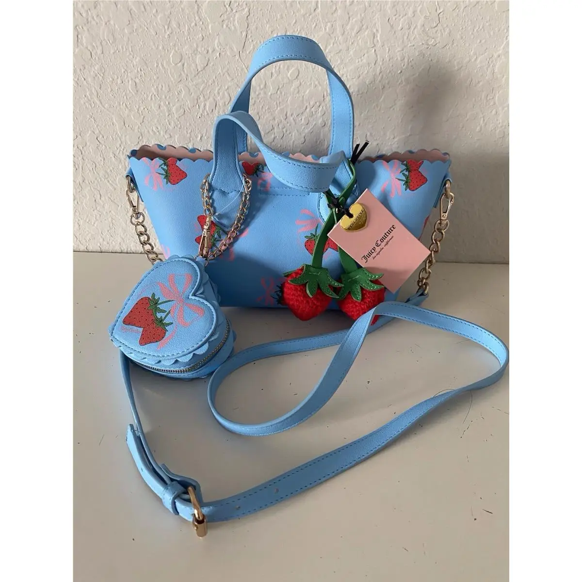 Juicy Couture Sweet Strawberry Mini Tote W/ Coin Pouch Crocheted Berry Charms