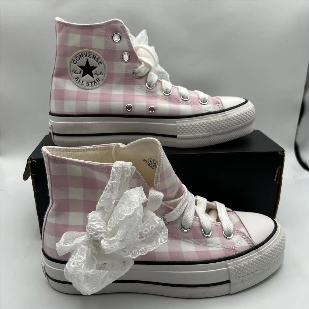 Converse Ctas Lift Hi Womens 7.5 Pink Gingham Lace Bow Platform Sneakers