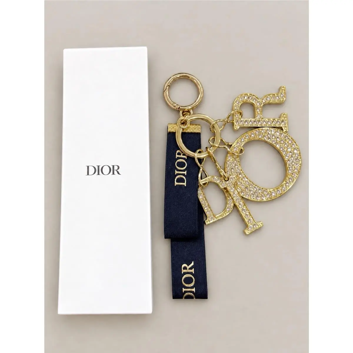 Christian Dior Crystal Logo Keychain Bag Charm Gold Navy Tone Gwp