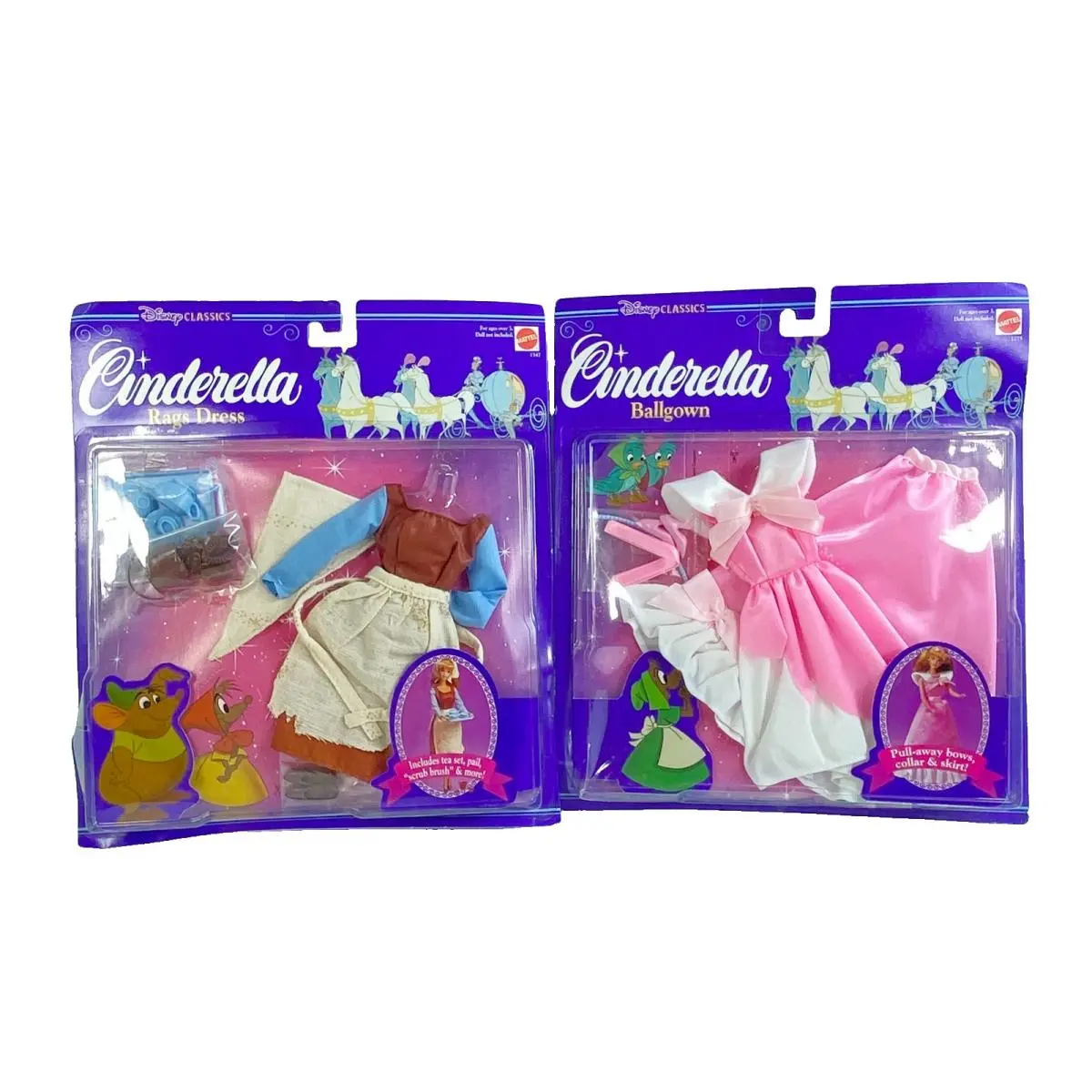 Mattel Disney Cinderella Rags Ballgown Dress 1275 1347 Vintage 1992 Set of 2