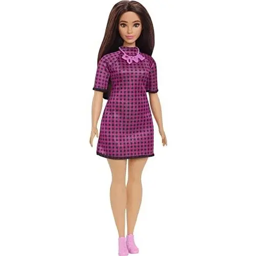 Barbie Fashionistas Curvy Doll in Stylish Dress with Reusable Vinyl Bag