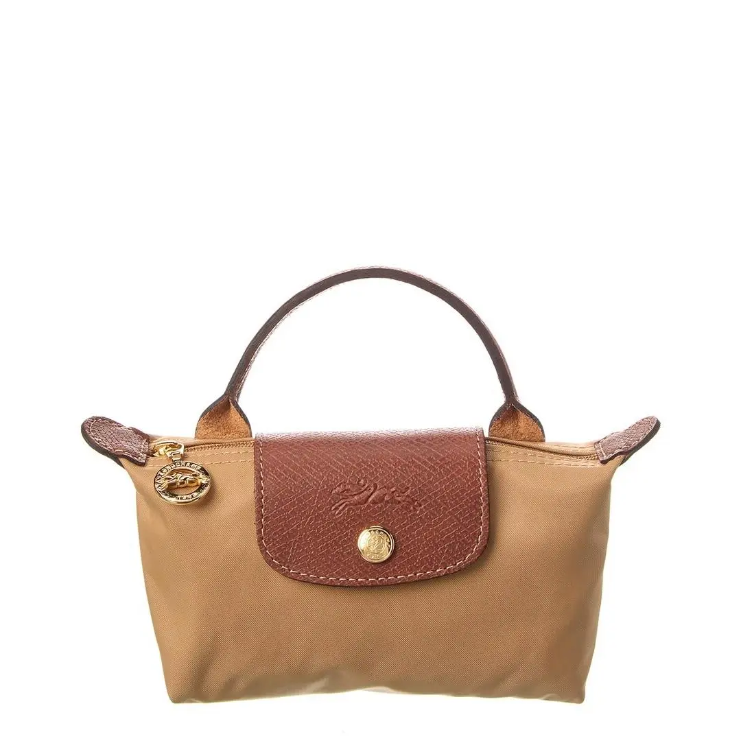 Longchamp Le Pliage Green Canvas Pouch with Handle Women`s Brown