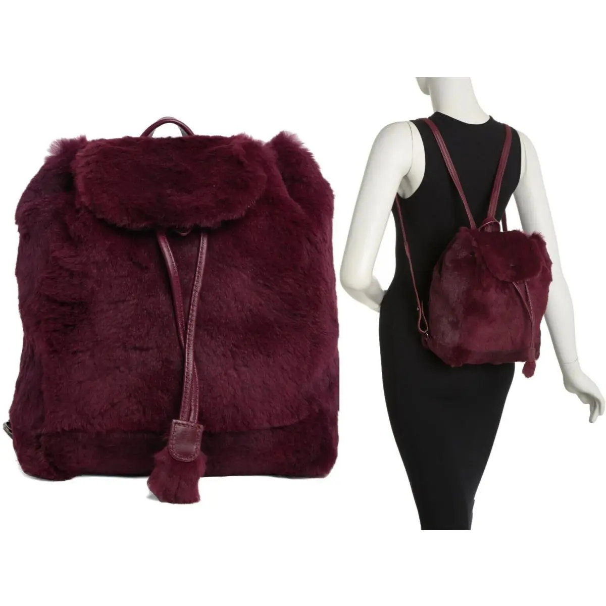 Give Me A Hug Women`s Rabbit Fur Leather Backpack Purse Plum - France by Longchamp