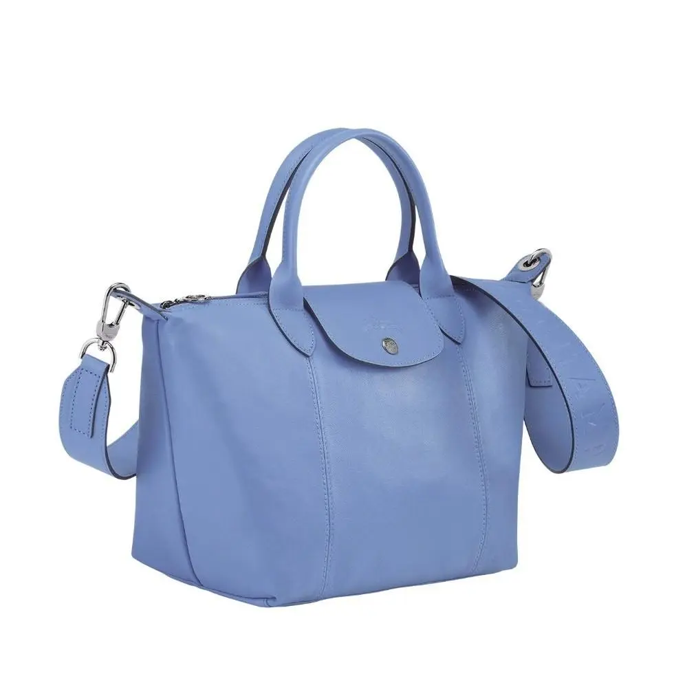 Longchamp `le Pliage Cuir` Leather Top Handle / Strap Travel Tote Bag Blue
