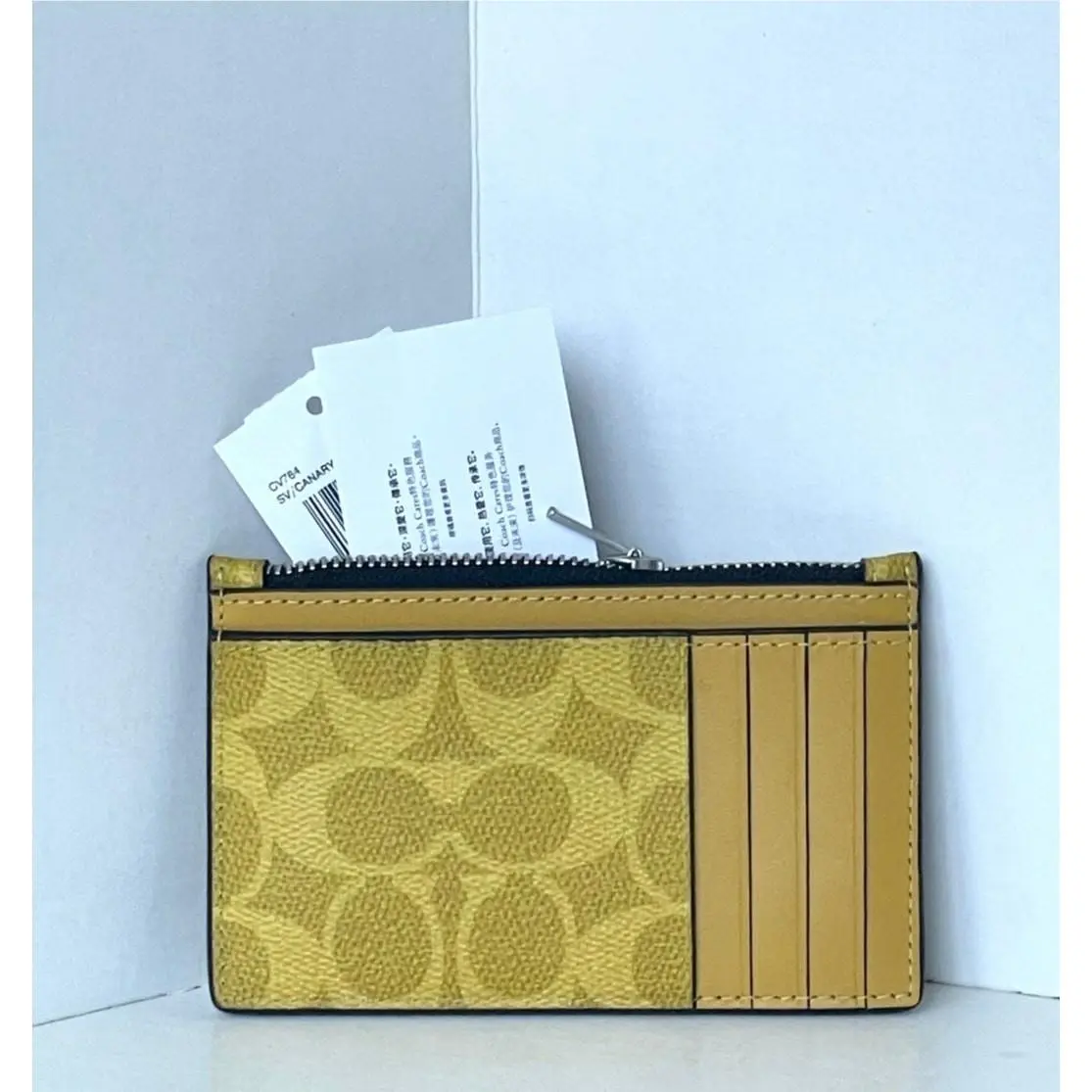 Coach Zip Card Case CV764 Canary Signature Canvas Leather Slim Wallet