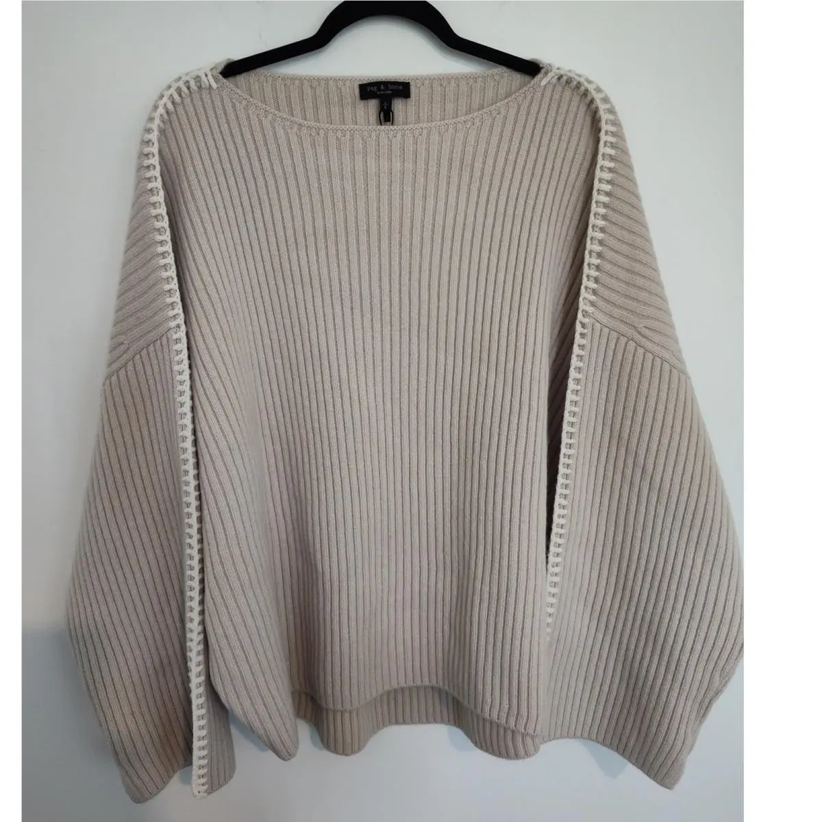 Rag Bone Ingrid Boat Neck Wool Ribbed Sweater Light Oat RG6025F6MWL Large