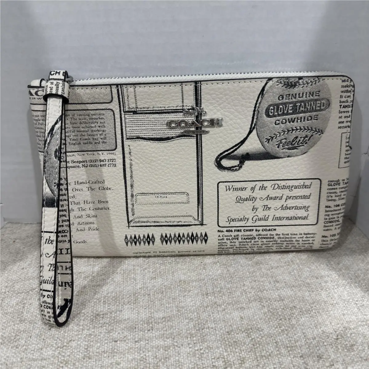 Coach Graphic Print Zip Wristlet Wallet Ivory/black Logo Accents