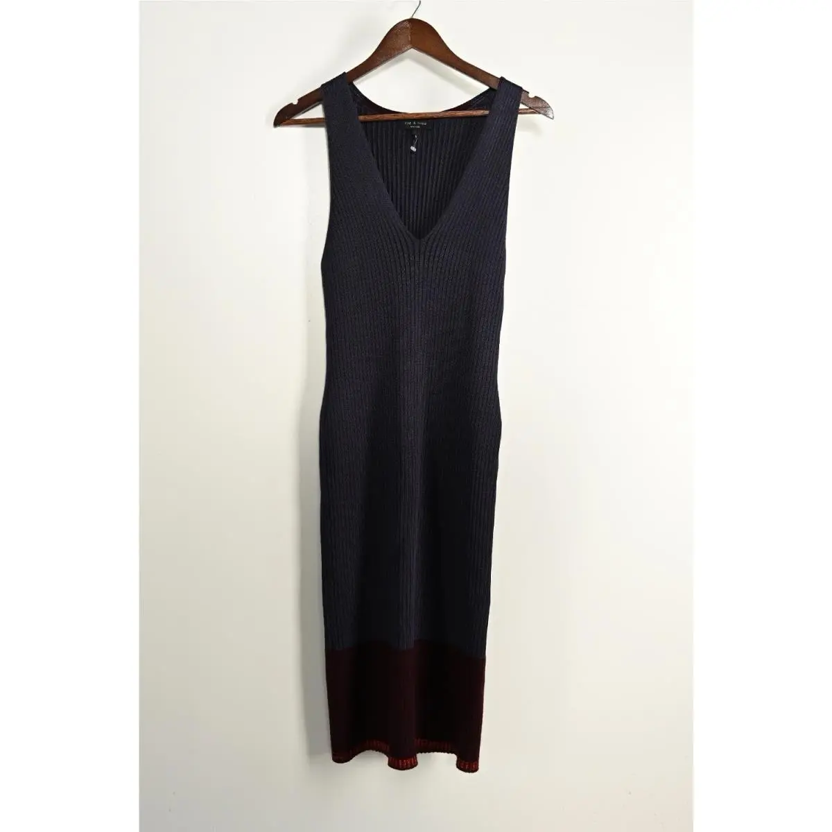 Rag Bone Women’s S. Navy Red Colorblock Ribbed Knit V-neck Midi Dress by Rag & Bone