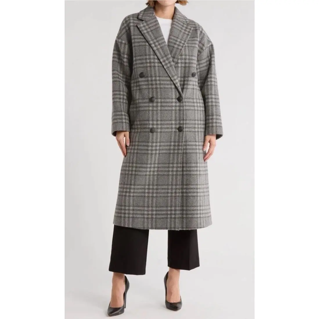 Rag Bone L Large Thea Coat Grey Plaid Wool Blend Double Breasted Overcoat