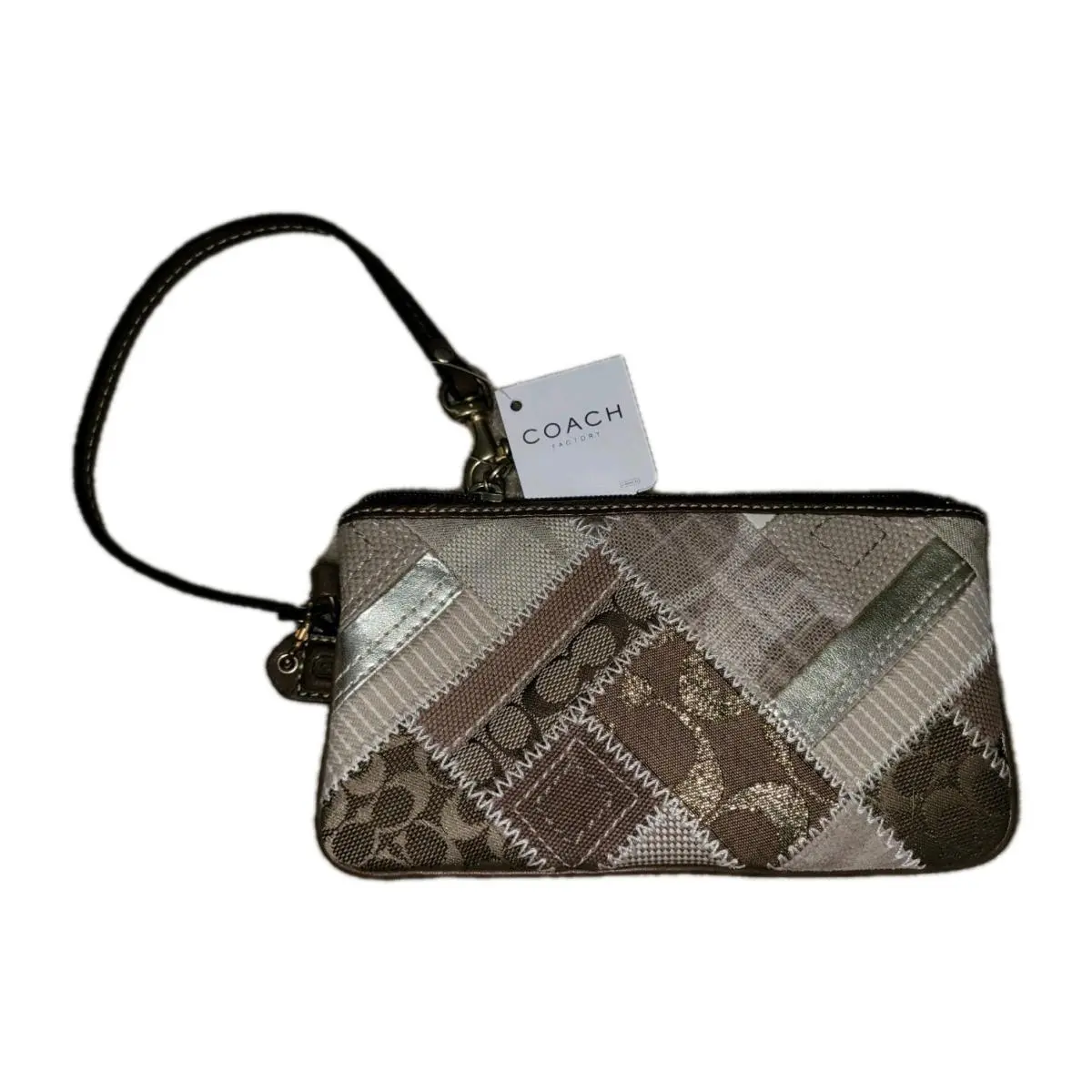 Coach Patchwork Brown Wristlet Pouch F41703 Signature Khaki