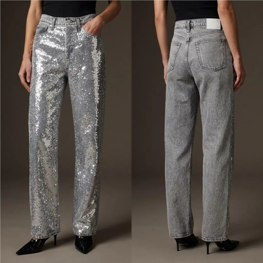 Rag Bone Shea High Rise Relaxed Straight Jeans 33 Silver Sequin RJ3925H1RSS