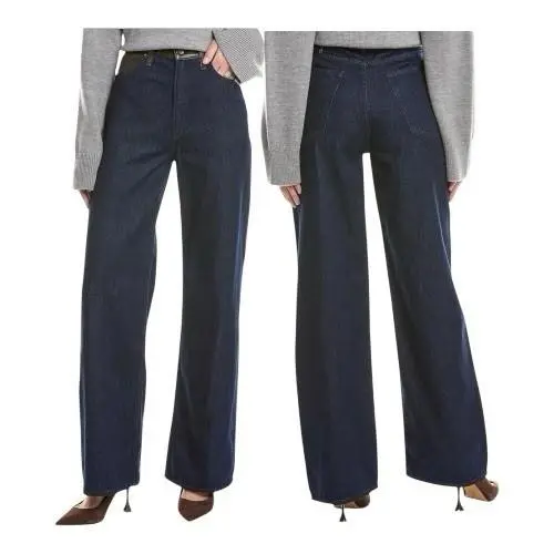 Rag Bone Dark Blue Wide Leg Jeans with Black Leather Waistband Size 26 Cowgirl by Rag & Bone