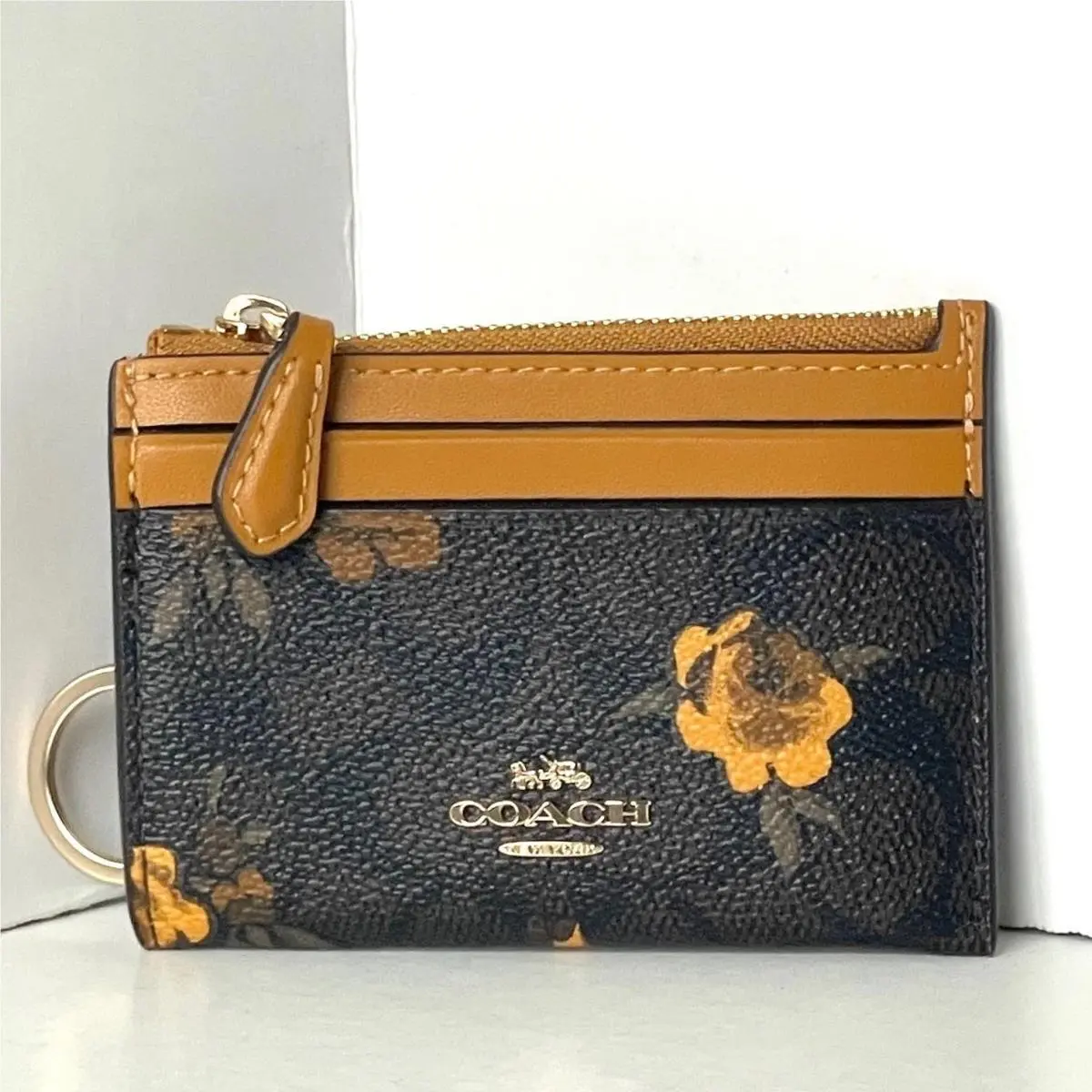 Coach Mini Skinny ID Wallet CCV88 Brown Walnut Floral Signature Canvas