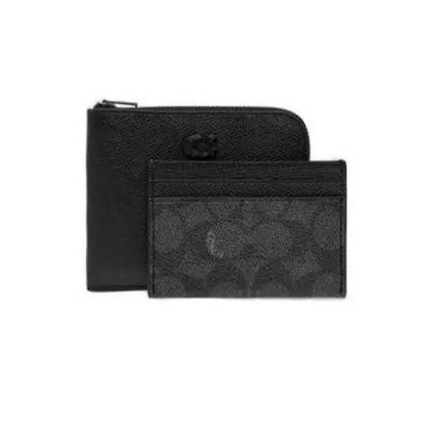 Coach 2 Piece Set Leather Monogram Cardholder and Wallet Black