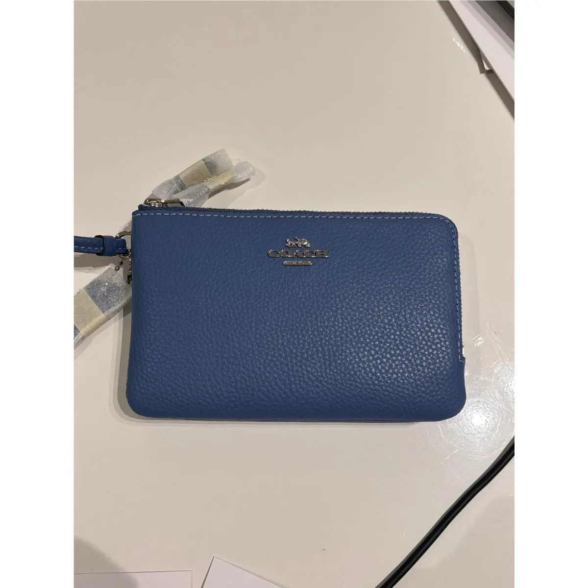 Coach Double Corner Zippered Wristlet Wallet Pebbled Blue Leather F87590 Nip