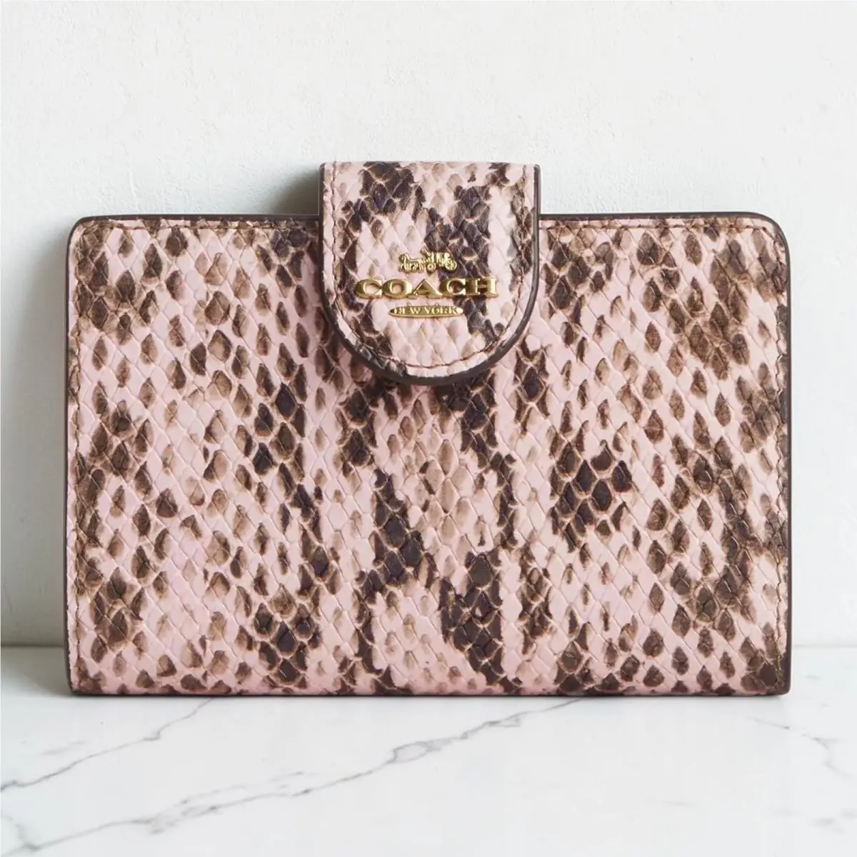Coach Medium Corner Zip Wallet Snake Embossed Leather Pink Gold CEL81