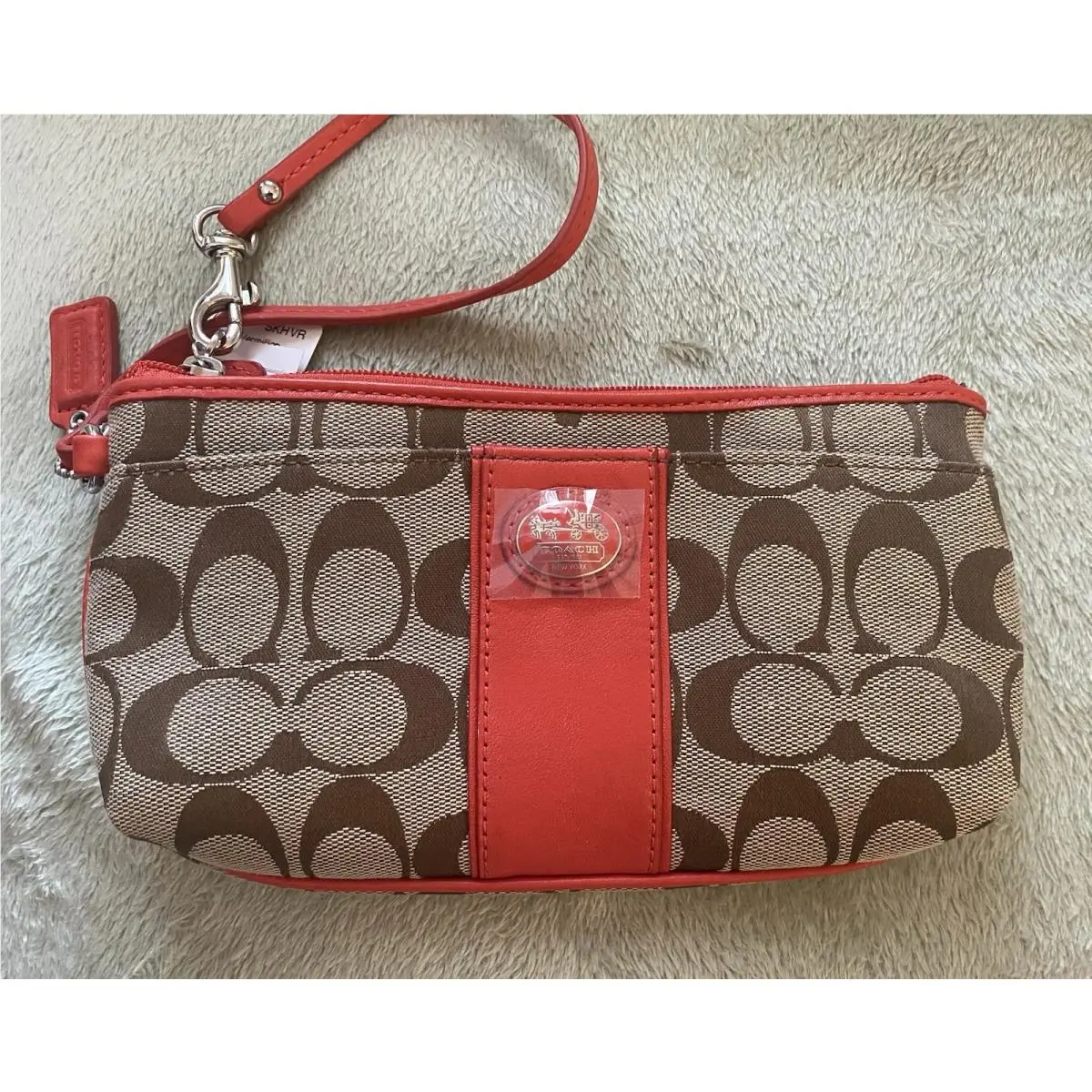 Coach Tan Monogram Wristlet with Red Leather Details 47496 Sv/khak/vermillion