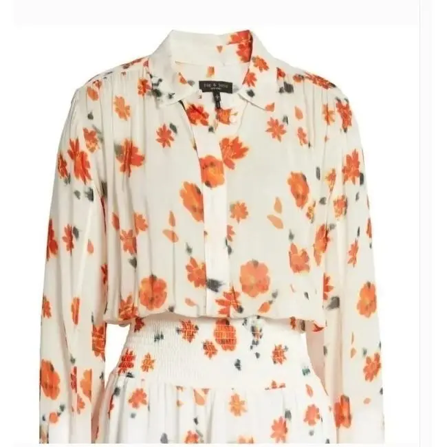 Rag Bone Floral Smocked Mini Dress White Orange Long Sleeve Boho Date Night M