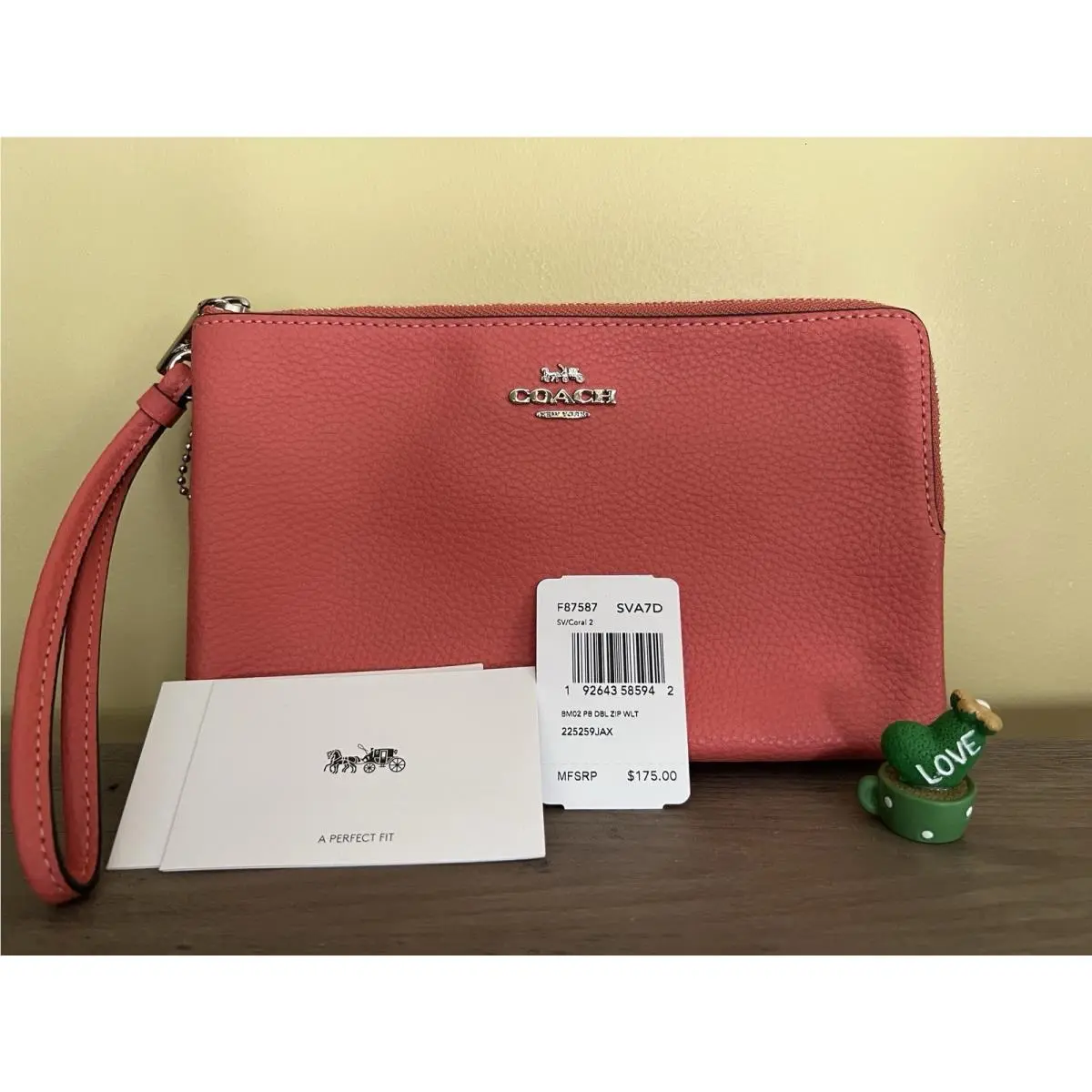 Coach F87587 Double Zip Wristlet Coral Pebbled Leather Wallet