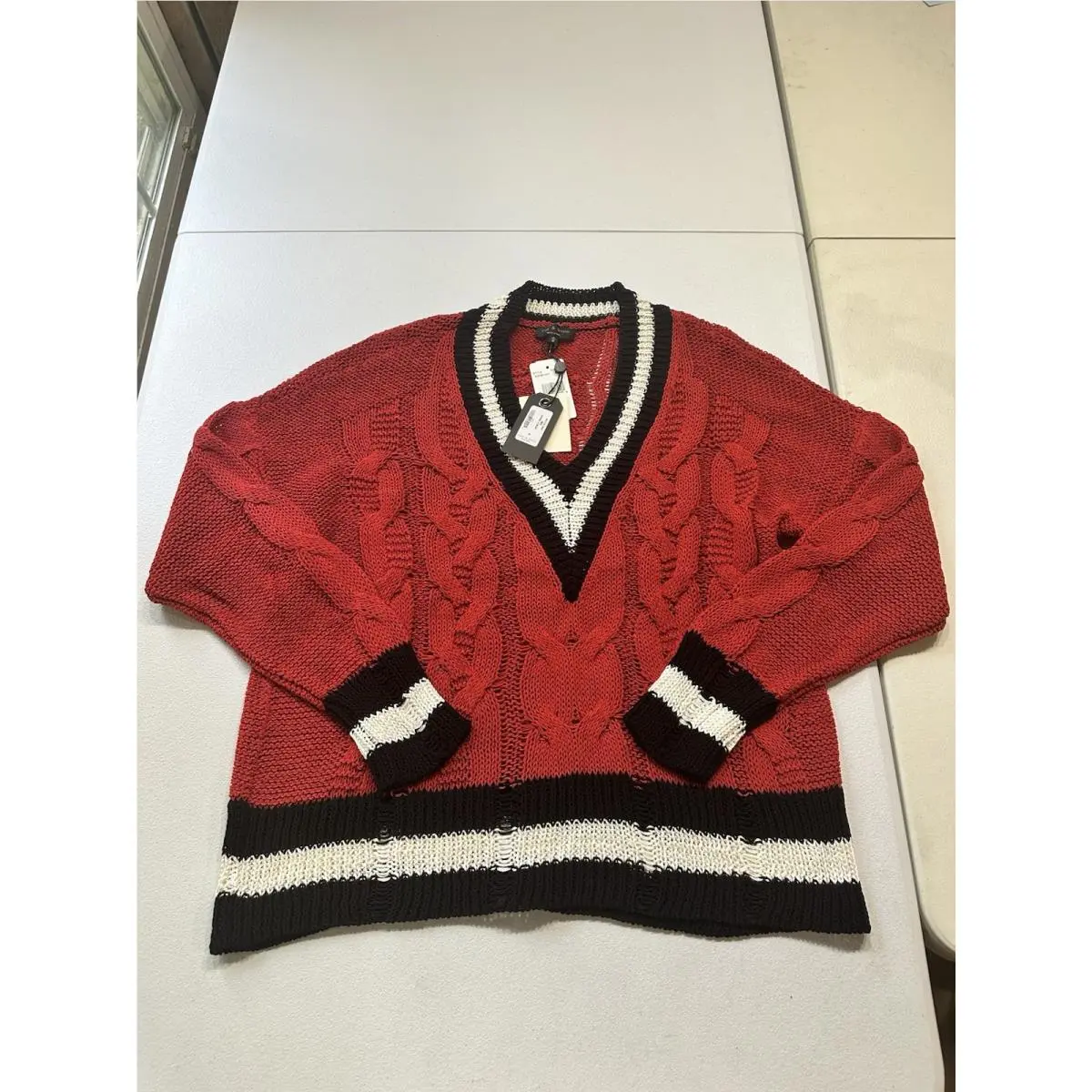 Rag Bone Emma Sweater Women’s M Red V-neck Cable Knit