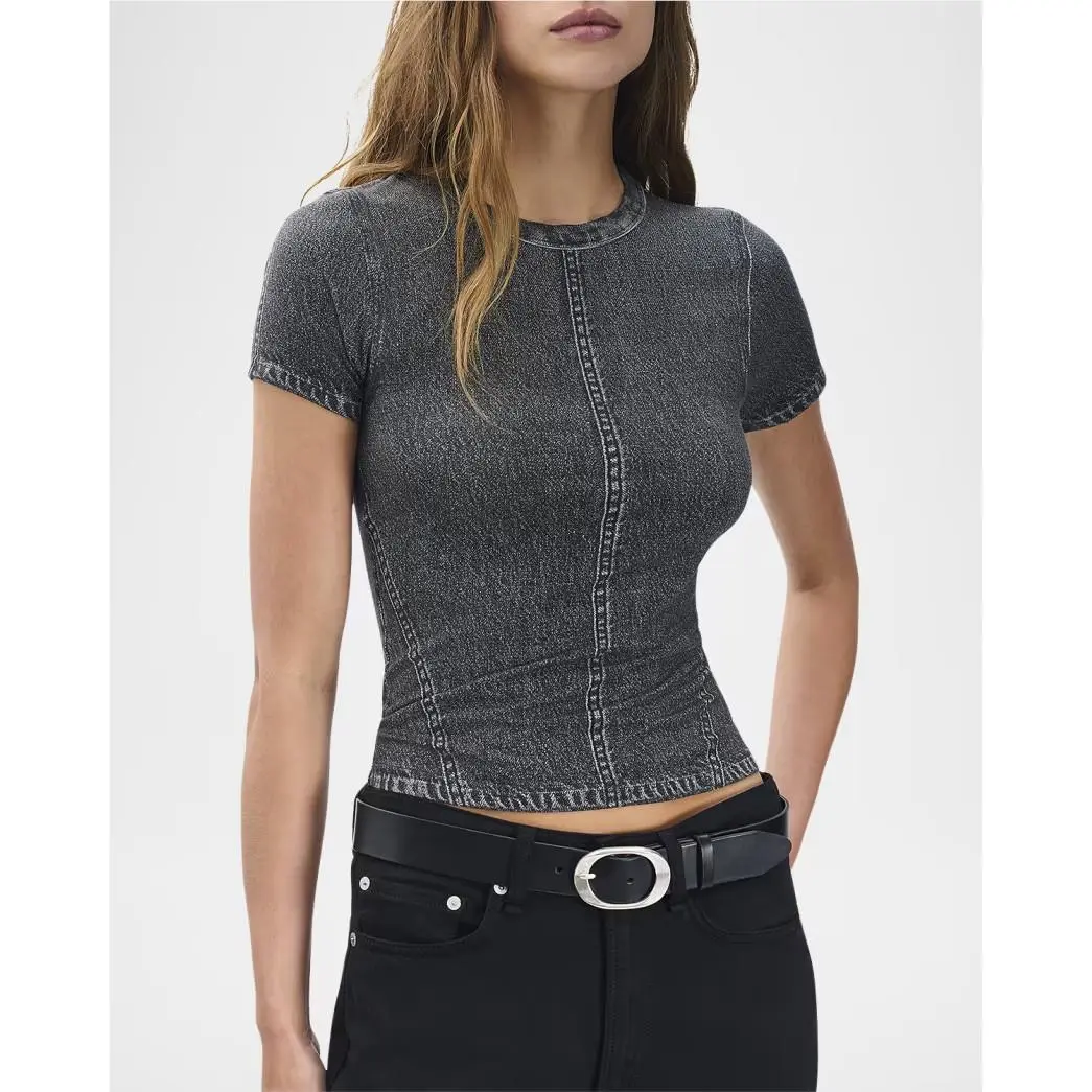 Rag Bone S Miramar Jersey Baby Tee Washed Black Digital Print Stretch