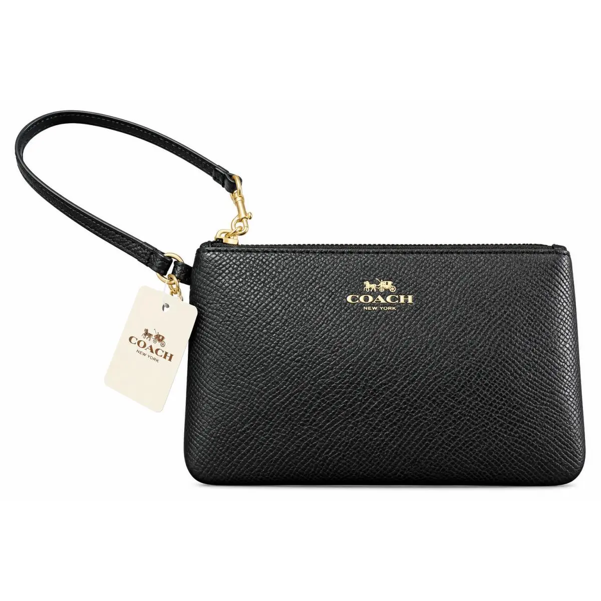 Coach Small Wristlet Wallet Black Gold Leather Zip Clutch Pouch