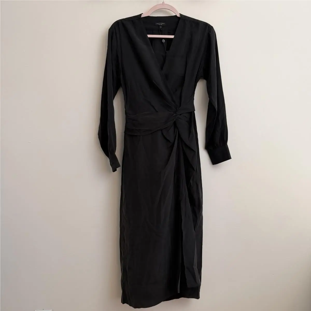 Rag Bone Amber Black Silk Wrap Midi Dress Size 4 Designer Lbd Evening