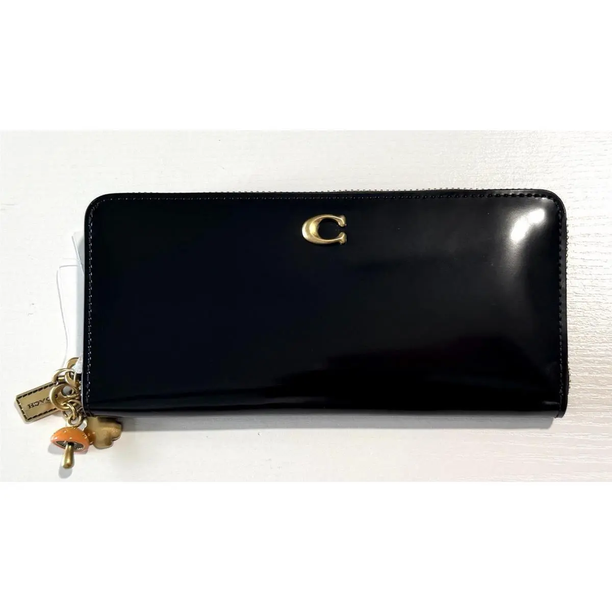 Coach CCD80 Black Patent Leather Essential Slim Accordion Zip Wallet with Charms