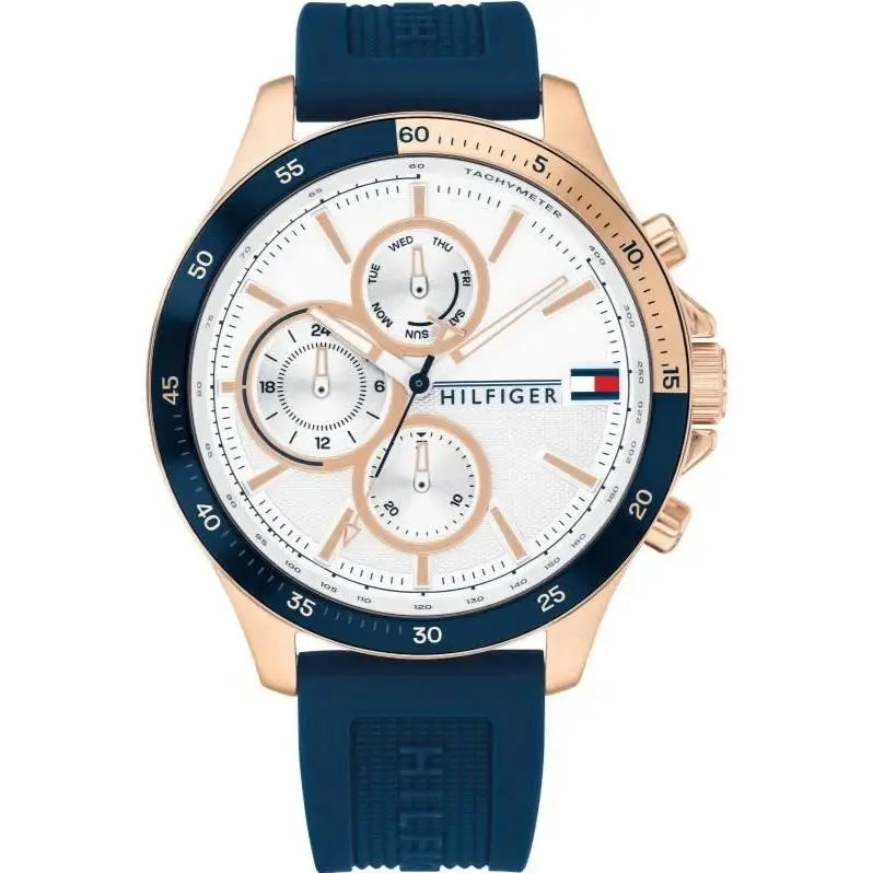 Tommy Hilfiger 1791778 Men`s Gold Case Blue Silicone Band White Dial Watch 46mm