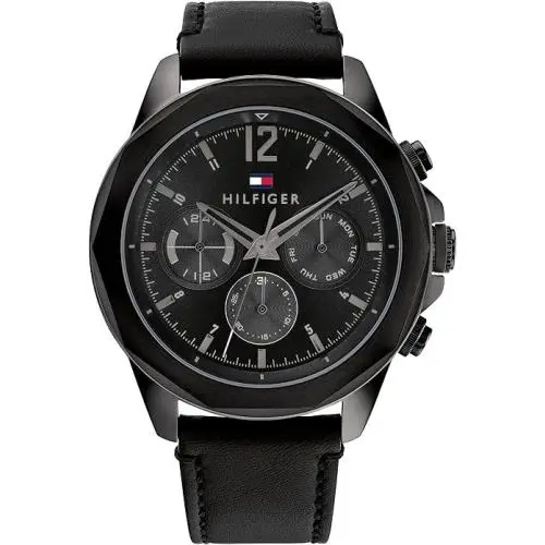 Tommy Hilfiger 1792062 Men`s Black Leather Strap Multifunction Black Dial 46mm - Black