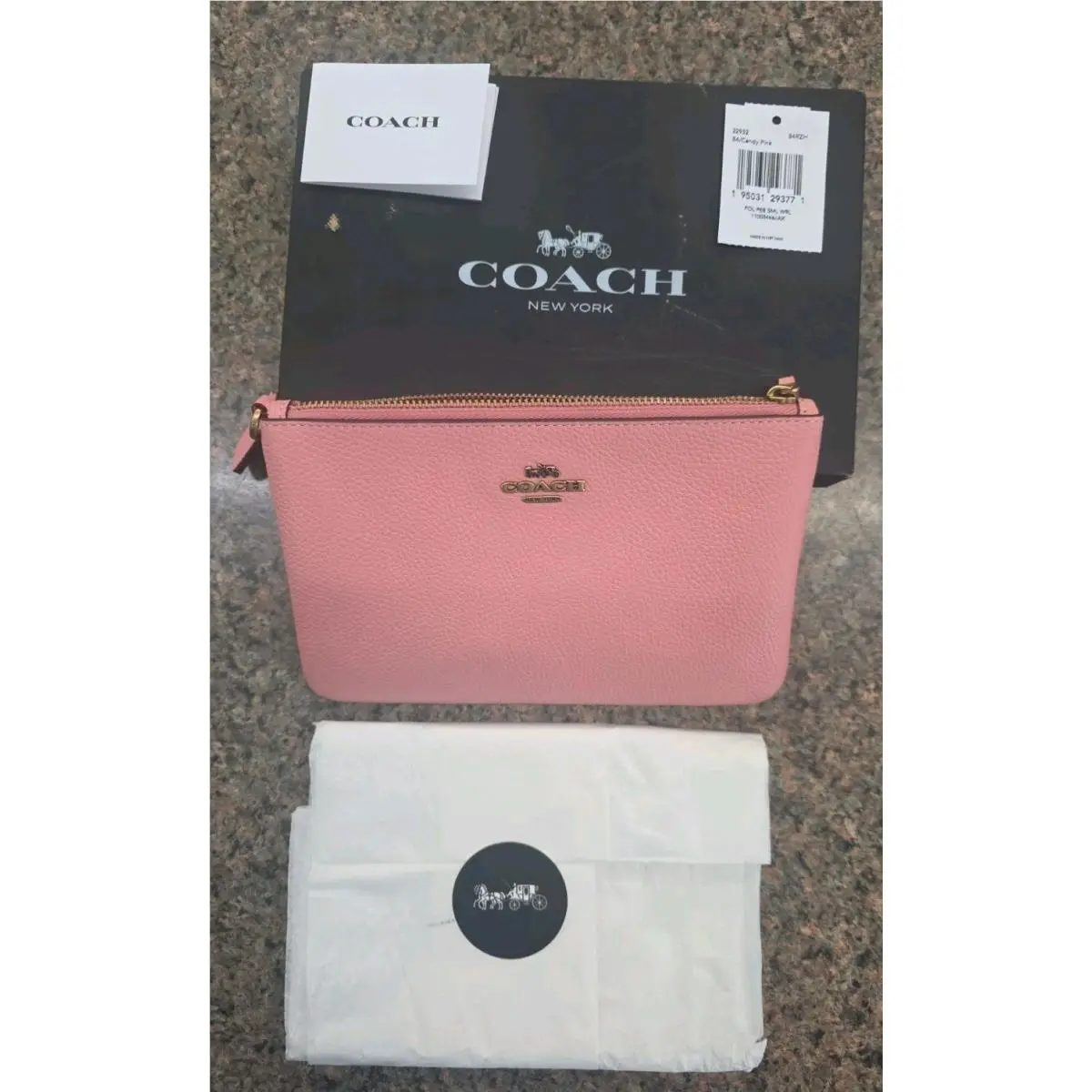 Coach Pink Pebbled Zip Wristlet Pouch Logo Gold Hardware Strap Inner Pockets