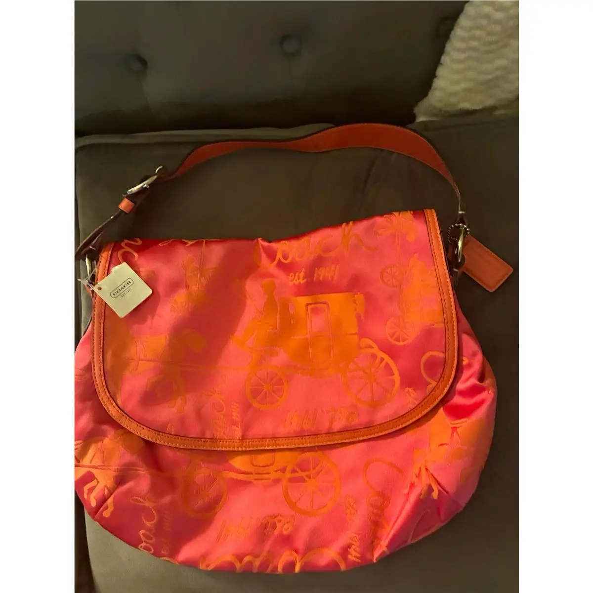 Coach Pink Orange Horse Carriage Logo Shoulder Bag Zip Hang Tag Silver