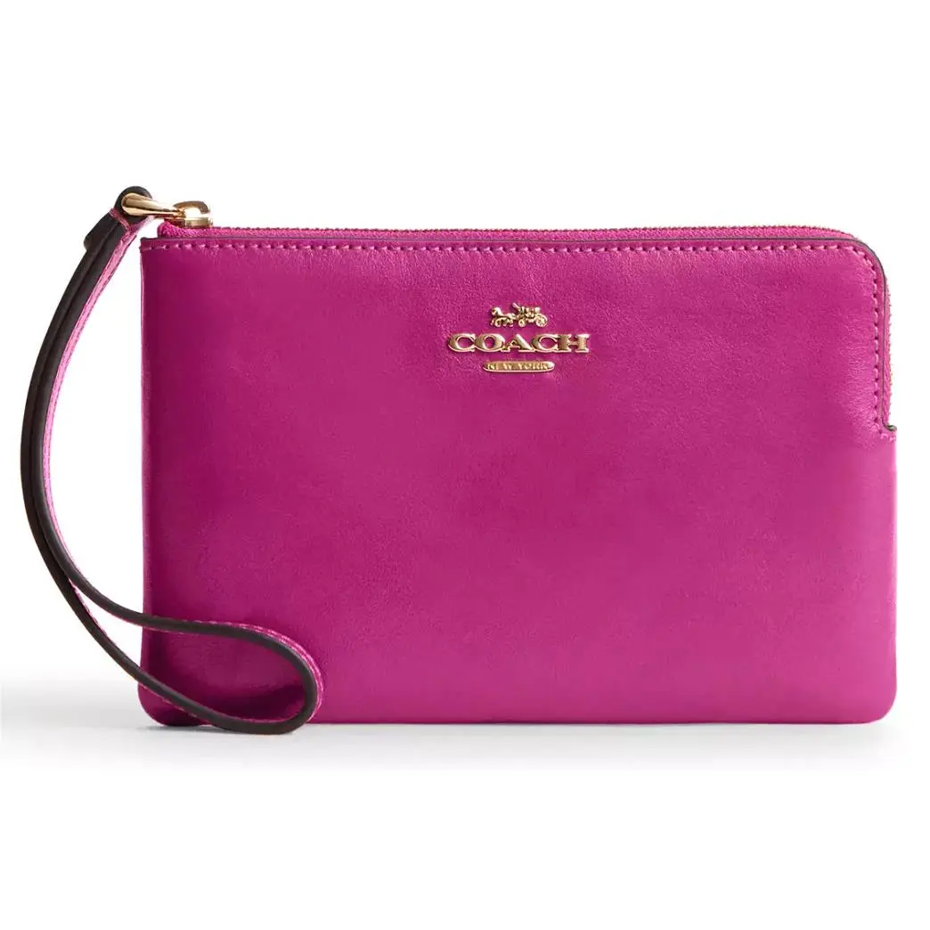 Coach Corner Zip Wristlet - CGV49 Magenta Pink Smooth Shiny Leather