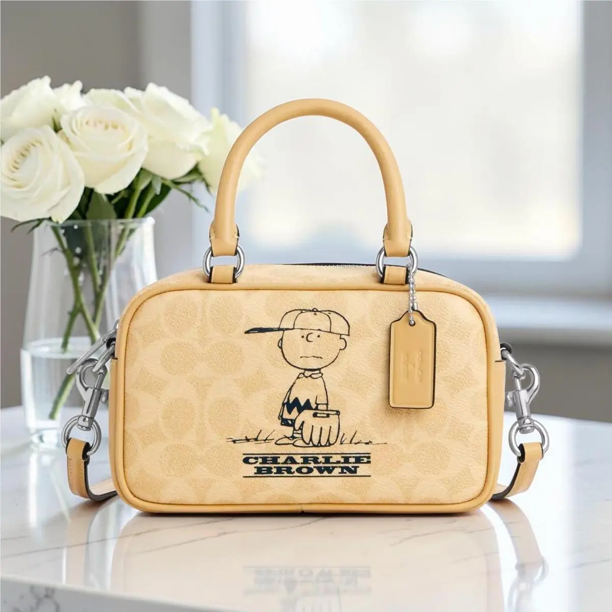 Coach X Peanuts Satchel Crossbody Bag Signature Canvas with Charlie Brown CBJ63