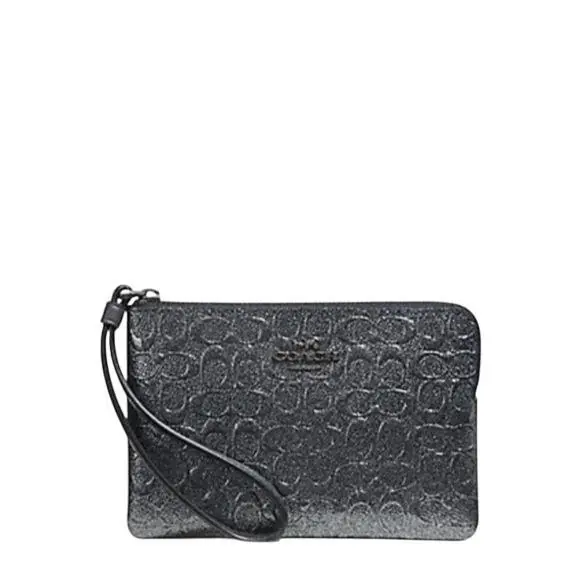 Coach F39168 Signature Glitter Patent Leather Corner Zip Wristlet Qb/charcoal