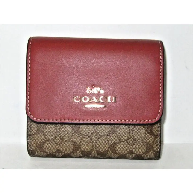 Coach CF369 Small Trifold Wallet Khaki Signature Terracotta Leather