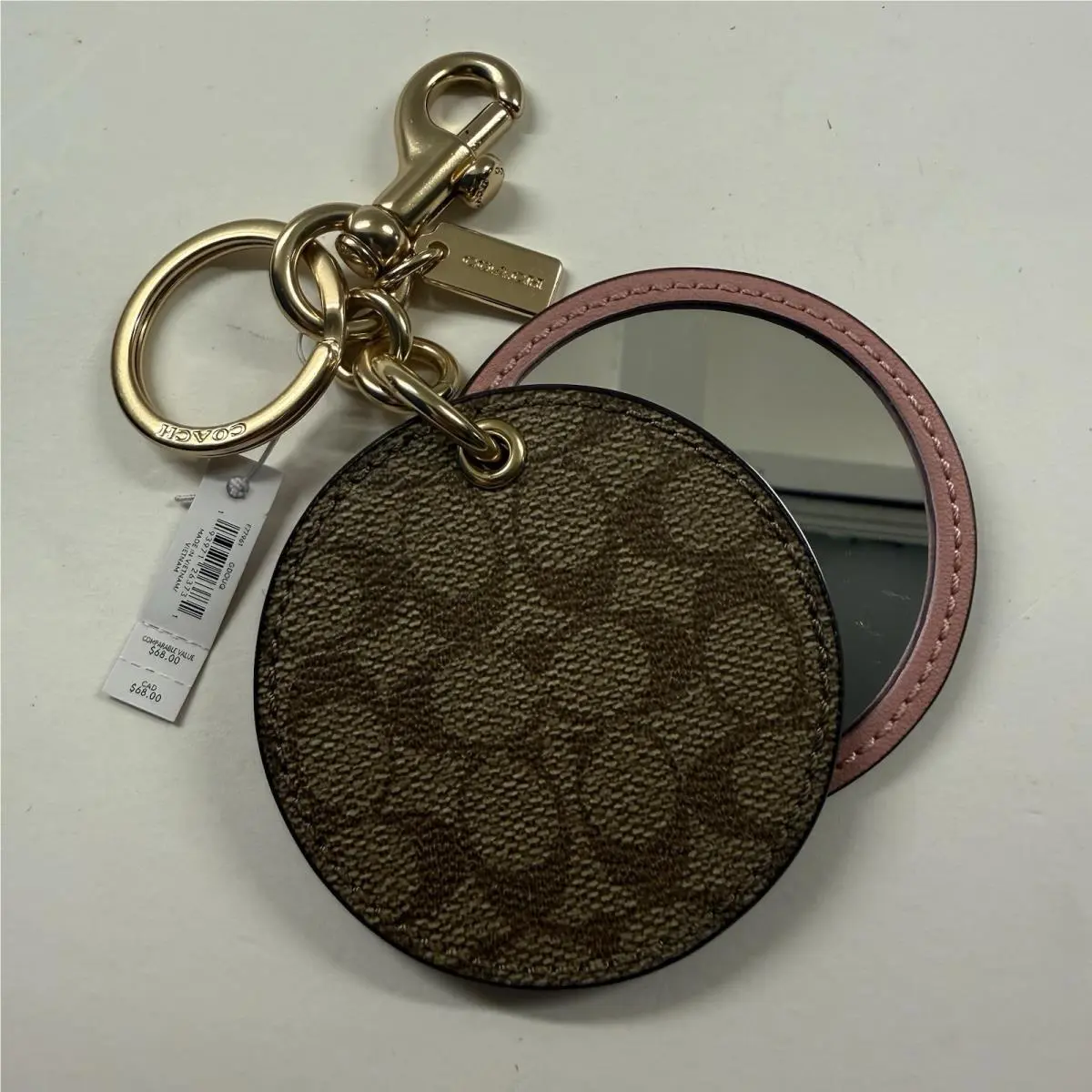 Coach Brown Leather Mirror Bag Charm Khaki Pink Gold Hardware