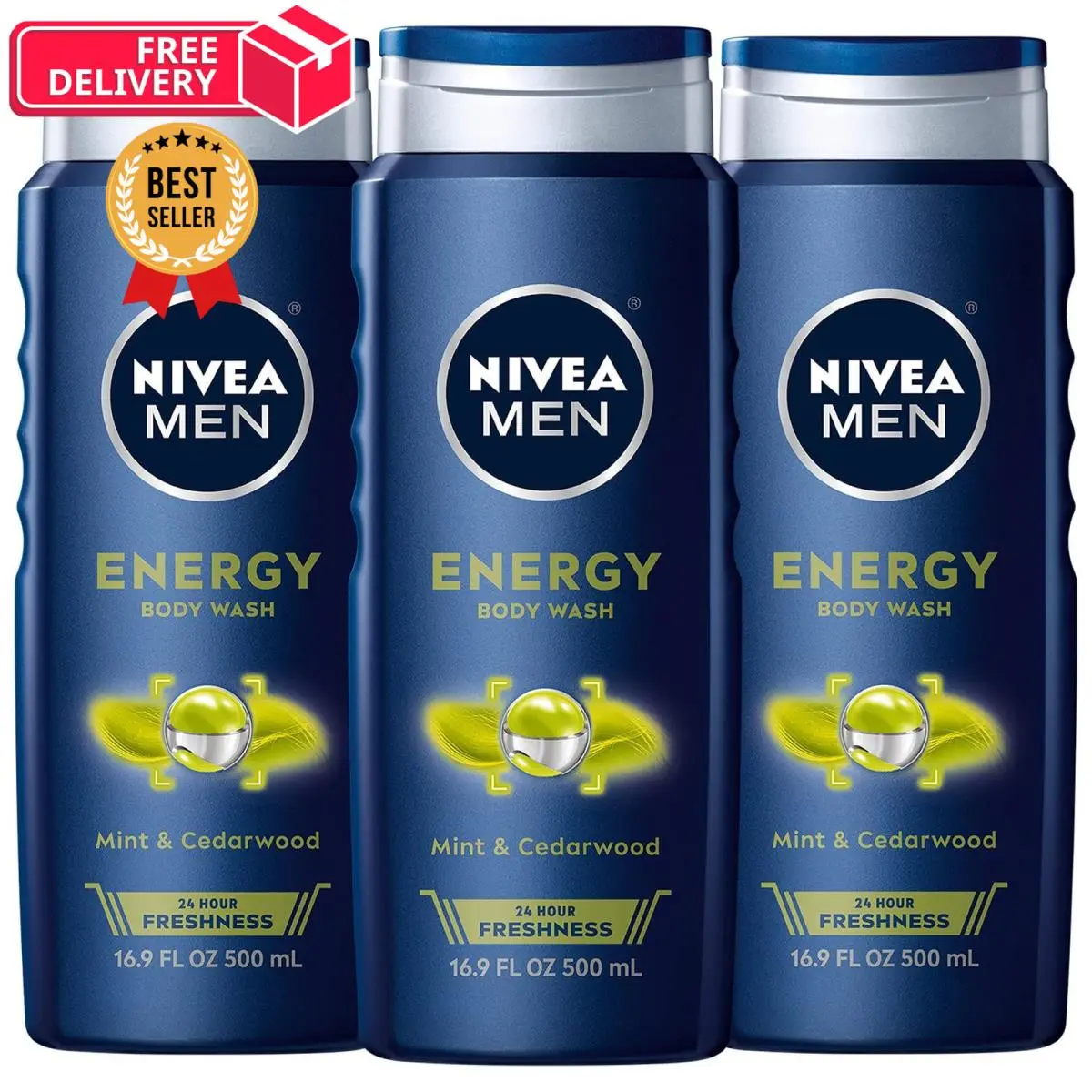 Nivea Men Energy Body Wash with Mint Extract 16.9 Fl Oz Pack of 3 Blue