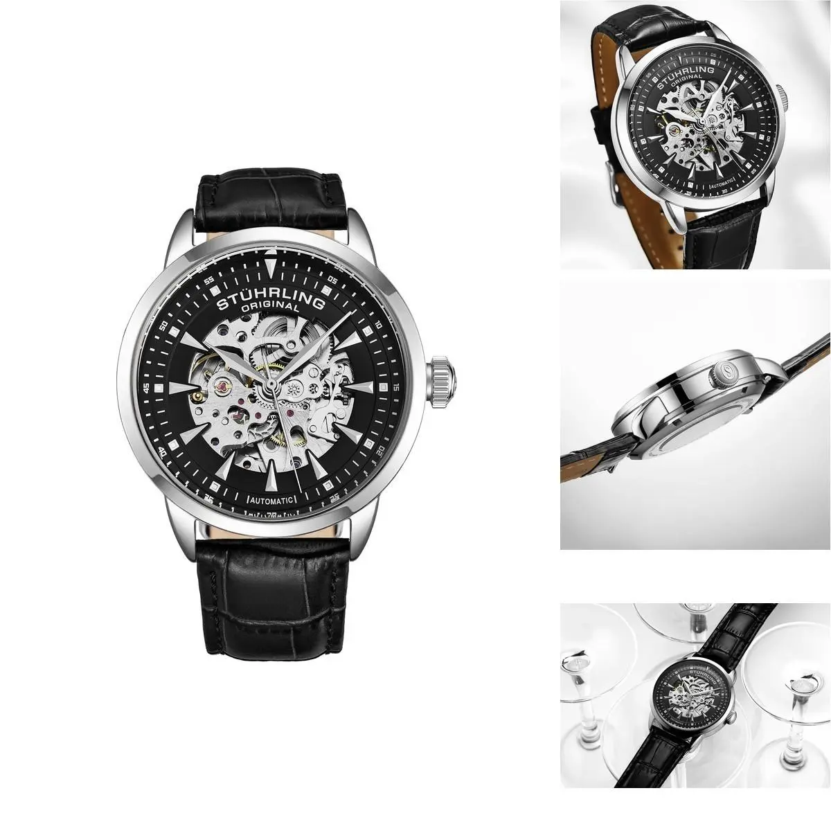 Stuhrling Original Mens Skeleton Automatic Dress Watch Alligator Embossed