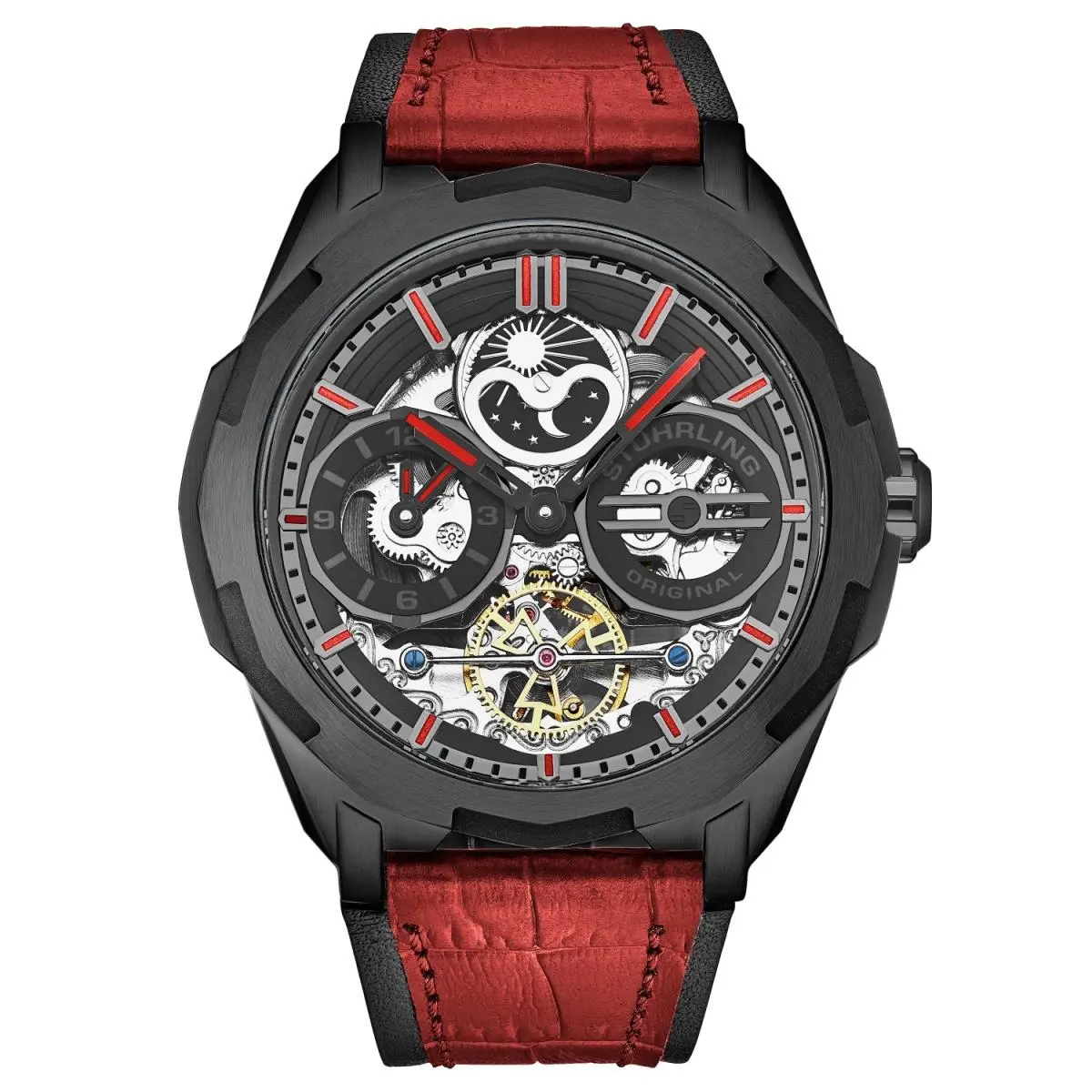 Stuhrling 1012 05 Automatic Black Dial Red Leather Mens Watch