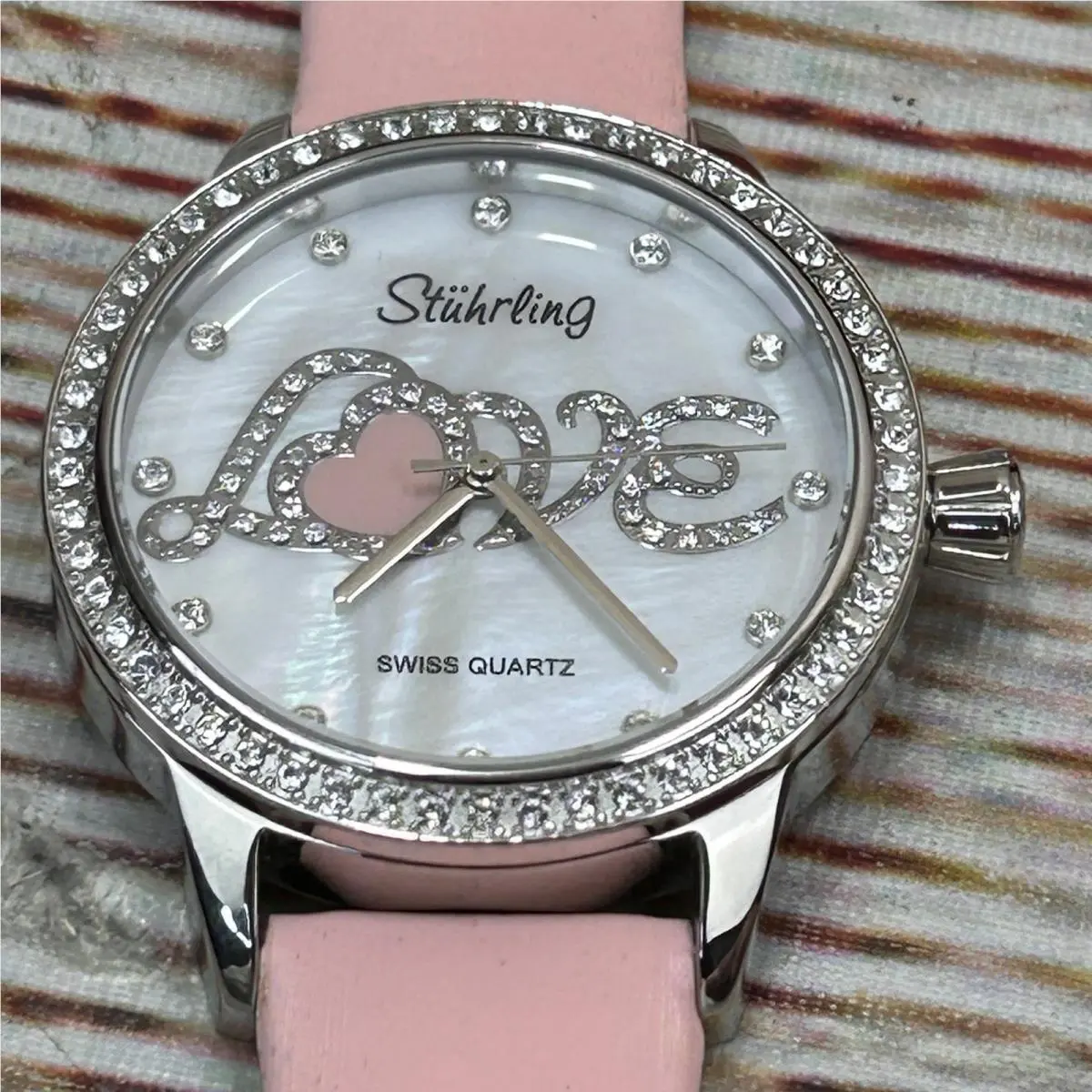 Stuhrling Original Ladies Pink Leather Watch Mother of Pearl Love Heart Dial