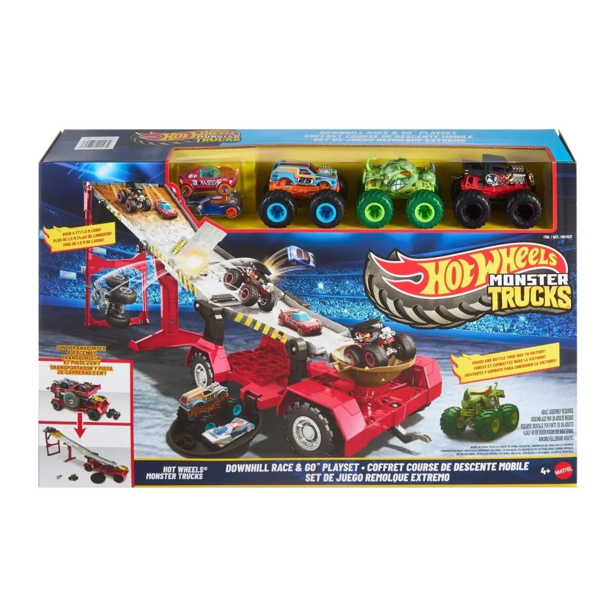 Hot Wheels Monster Trucks Downhill Race Go 4 Ft. Track and Transporter Bundle