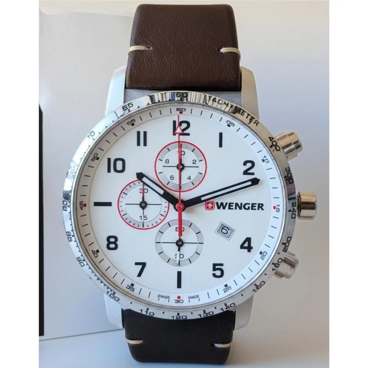 Wenger Attitude White Dial Chronograph Leather Band Men`s Watch Swiss Made